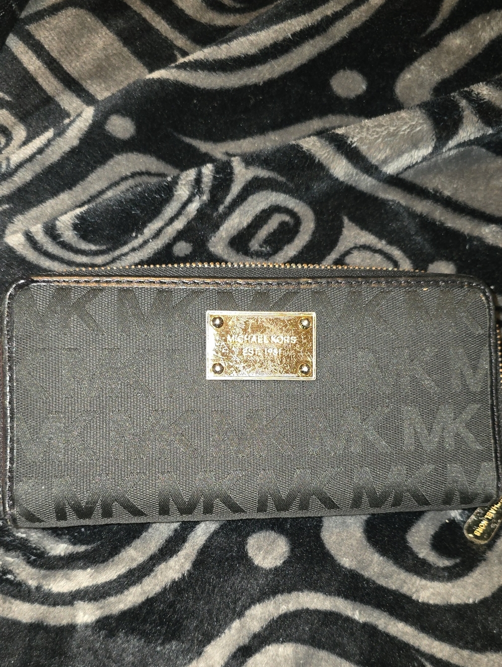 Michael Kors Black Logo Zip Around Wallet with Gold Plaque